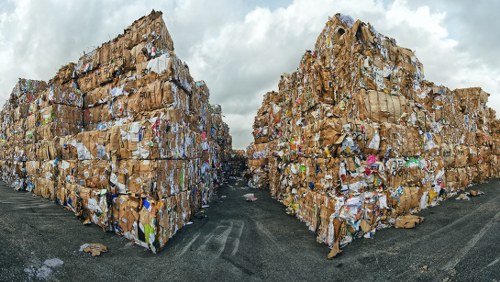 Two large towering stacks of compacted cardboard and paper waste are positioned on a paved surface, likely an industrial or waste management site. The stacks are composed of various brown and white printed materials, with some visible coloured sections, crumpled and layered tightly to form dense blocks. The textures of the cardboard and paper are rough with visible creases, tears, and folds, giving an uneven surface appearance. The stacks extend upward, filling most of the frame, with a narrow gap between them revealing a distant view of a dark horizon. Overhead, the sky is cloudy with a grey, overcast atmosphere, casting diffuse lighting over the scene. This setting suggests a location for rubbish collection or recycling preparation, relevant to services such as those provided by Business Waste Removal Battersea, which specializes in commercial waste removal including cardboard and paper disposal within the Battersea area.